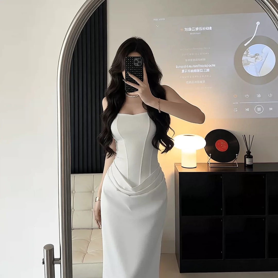 Stunning Mermaid Square Neck White Satin Date With Ruffled Night Evening Outfit Formal Prom Dresses RB5412