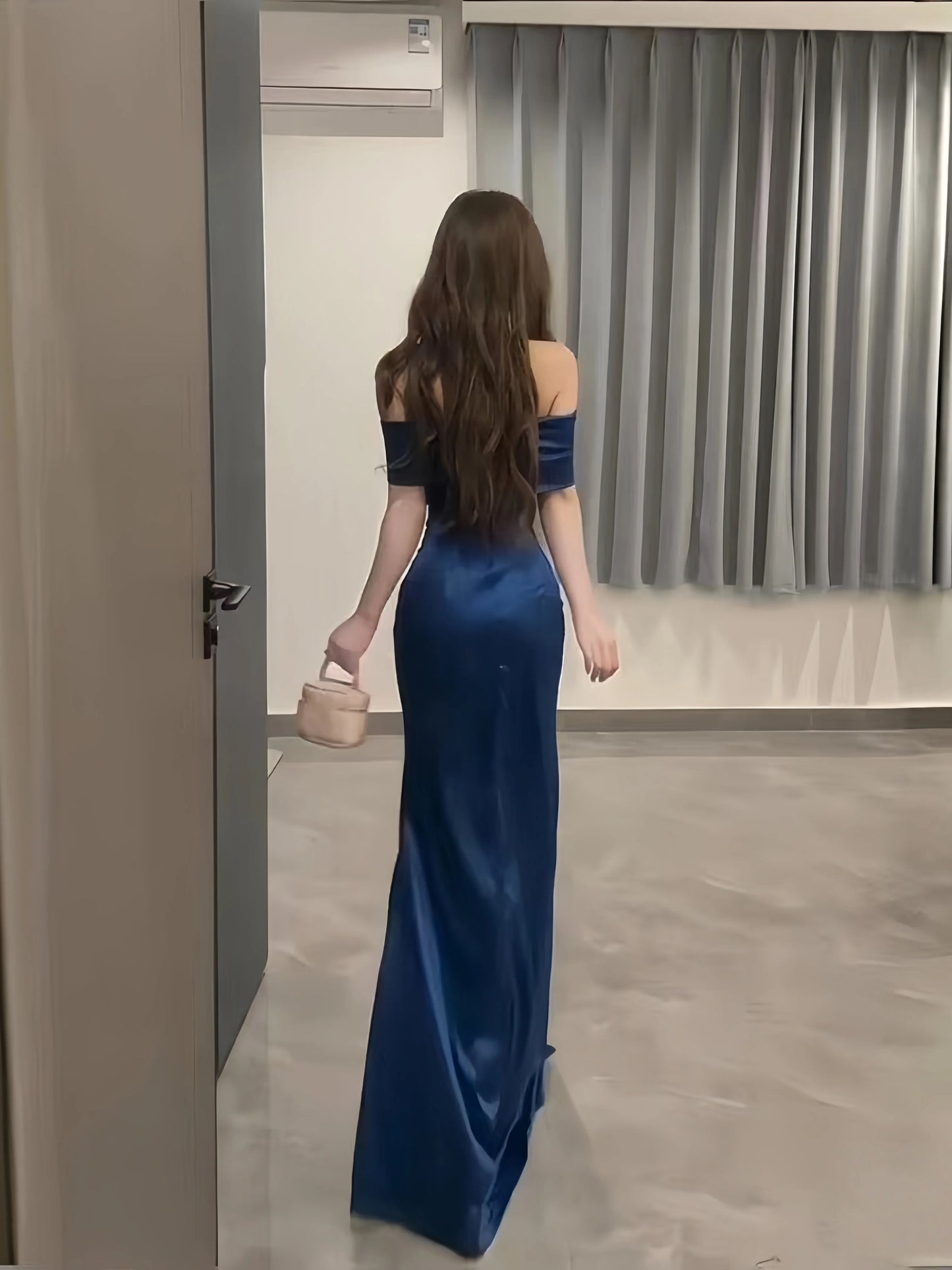 Sophisticated Mermaid Off The Shoulder Navy Blue Satin Split With Ruffled Long Cruise Ship Formal Night Evening Dresses 18th Birthday Outfits RB5624