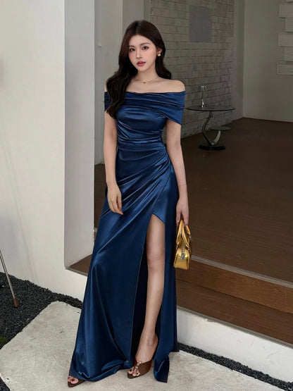Dreamy Mermaid Off The Shoulder Navy Blue Satin Split With Ruffled Long Cruise Ship Formal Night Evening Dresses 18th Birthday Outfits RB5627