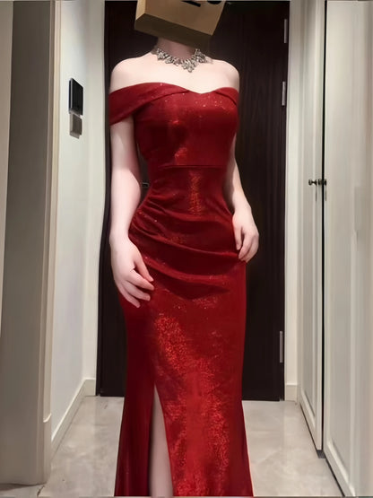 Sophisticated Mermaid Off The Shoulder Red Sequined Date Night Outfits Formal Prom Gown Slit Birthday Dresses RB5652