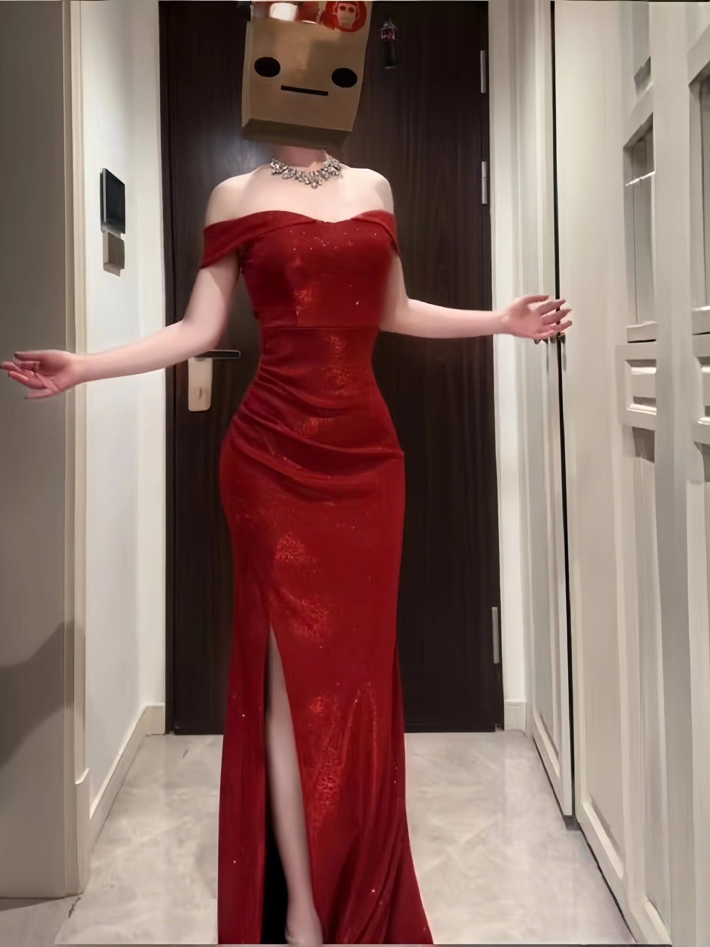 Sophisticated Mermaid Off The Shoulder Red Sequined Date Night Outfits Formal Prom Gown Slit Birthday Dresses RB5652