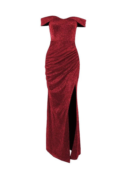 Sophisticated Mermaid Off The Shoulder Red Sequined Date Night Outfits Formal Prom Gown Slit Birthday Dresses RB5652