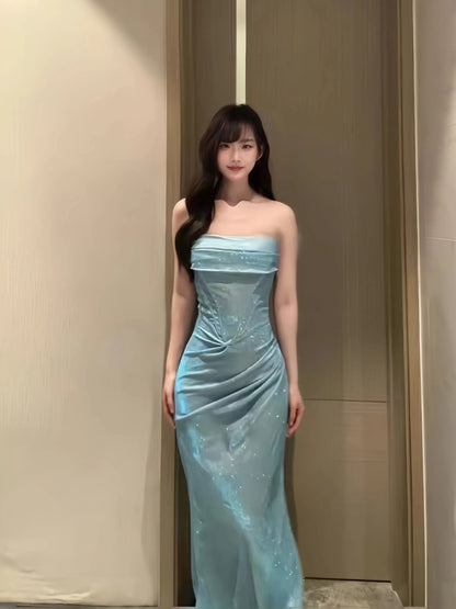 Sophisticated Mermaid Spaghetti Strap Blue Sequined Date Night Outfits Formal Prom Gown Birthday Dresses RB5657