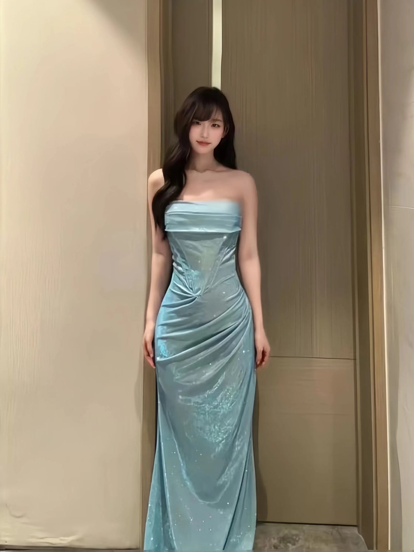 Sophisticated Mermaid Spaghetti Strap Blue Sequined Date Night Outfits Formal Prom Gown Birthday Dresses RB5657