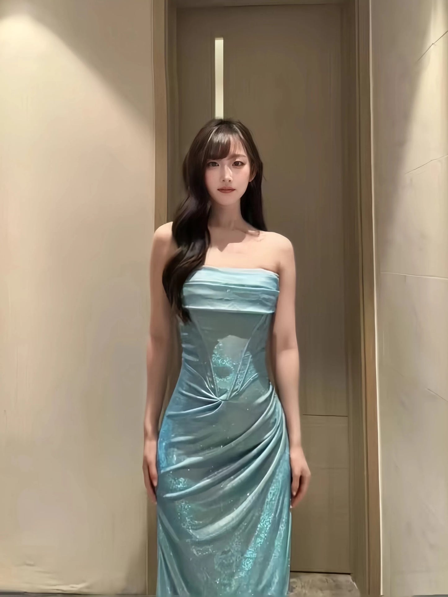 Sophisticated Mermaid Spaghetti Strap Blue Sequined Date Night Outfits Formal Prom Gown Birthday Dresses RB5657