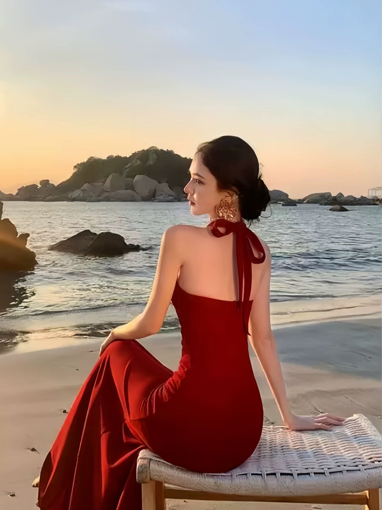 Sophisticated Mermaid Halter Burgundy Slit Date Night Outfits Formal Prom Gown Birthday Dresses RB5658