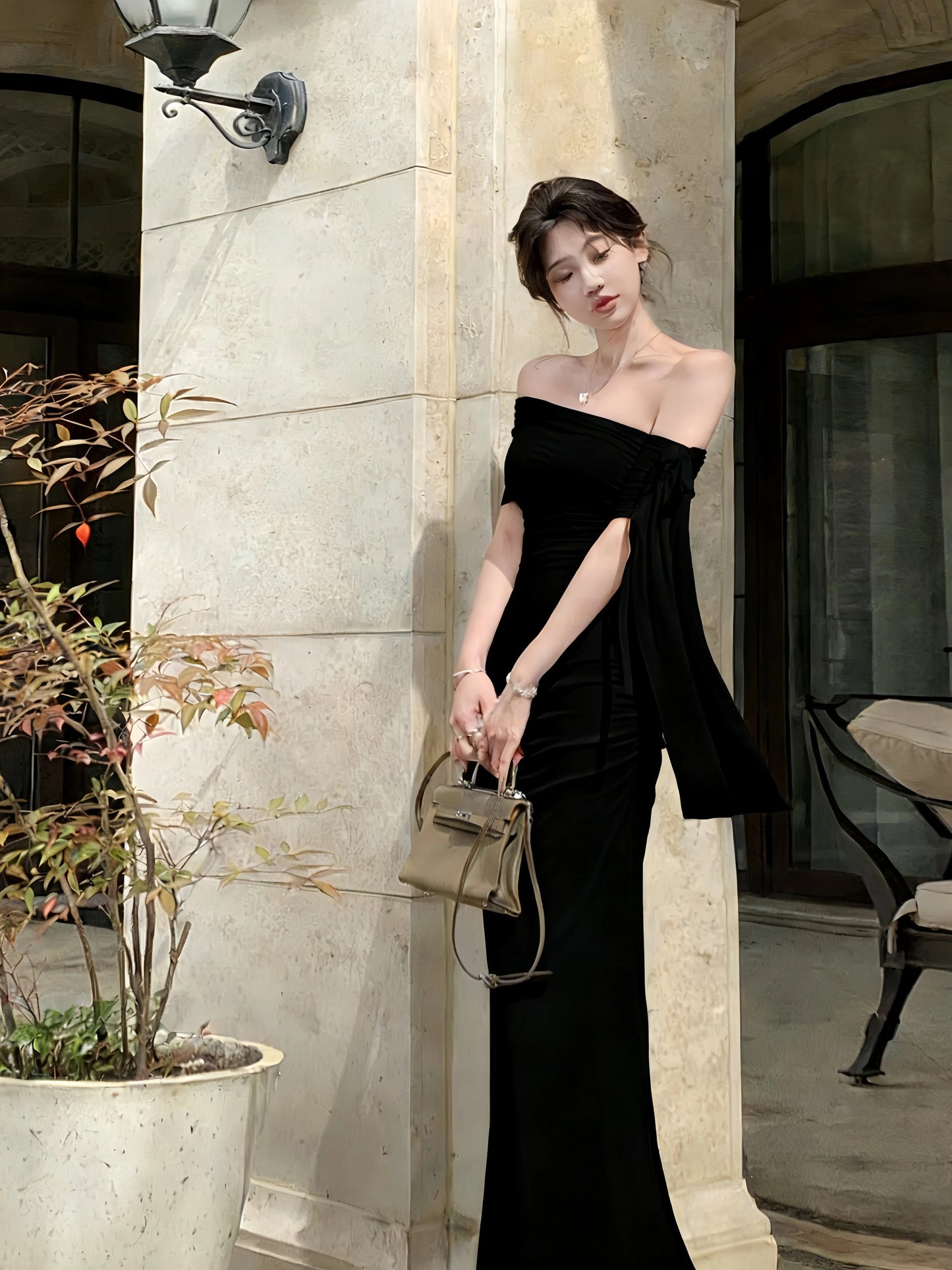 Modest Mermaid Off The Shoulder White Chiffon With Sleeves Date Floor Length Night Evening Outfit Formal Prom Dresses RB5660