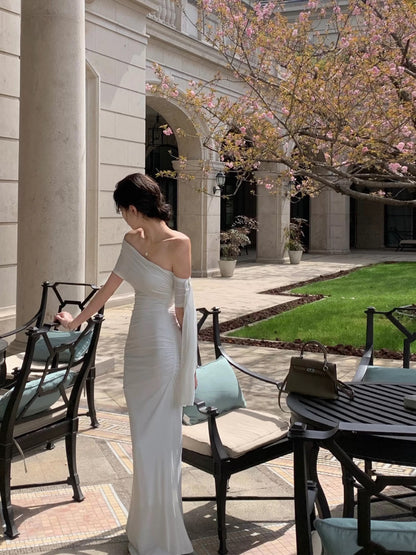 Modest Mermaid Off The Shoulder White Chiffon With Sleeves Date Floor Length Night Evening Outfit Formal Prom Dresses RB5660