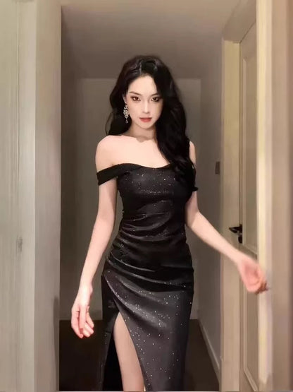 Simple Mermaid Off The Shoulder Black Slit Sequin Date Floor Length Night Evening Outfit Formal Prom Dresses RB5639