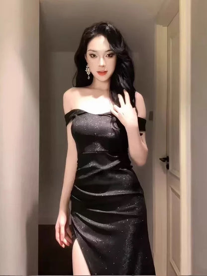 Simple Mermaid Off The Shoulder Black Slit Sequin Date Floor Length Night Evening Outfit Formal Prom Dresses RB5639