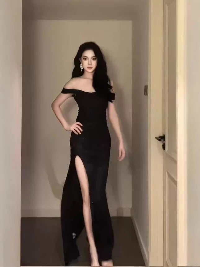Simple Mermaid Off The Shoulder Black Slit Sequin Date Floor Length Night Evening Outfit Formal Prom Dresses RB5639