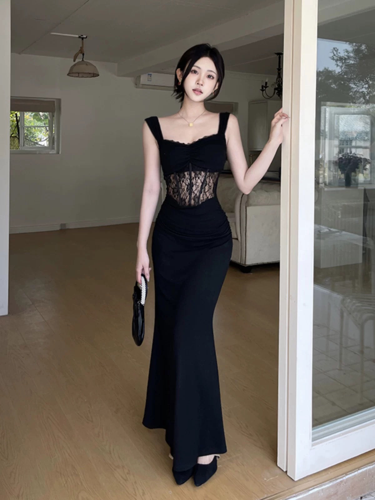 Simple Mermaid Square Neck Black Lace Date Floor Length Night Evening Outfit Formal Prom Dresses RB5640