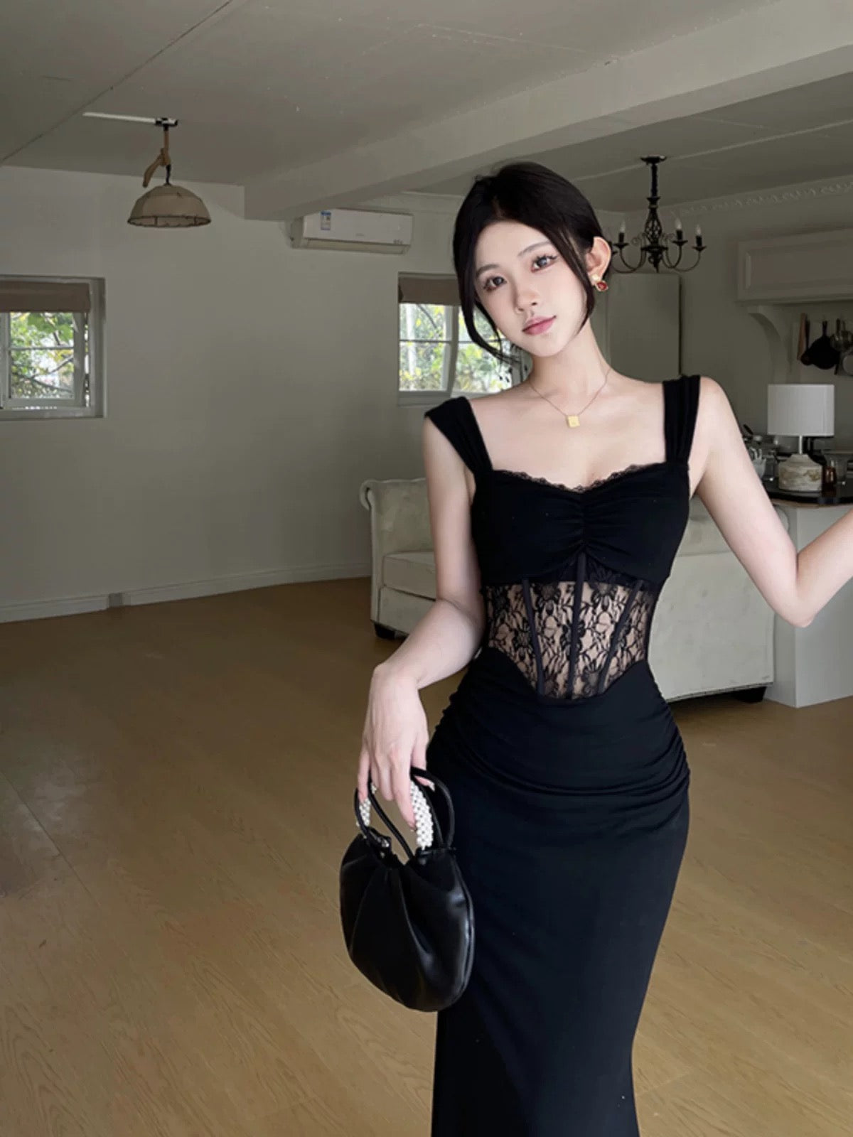 Simple Mermaid Square Neck Black Lace Date Floor Length Night Evening Outfit Formal Prom Dresses RB5640