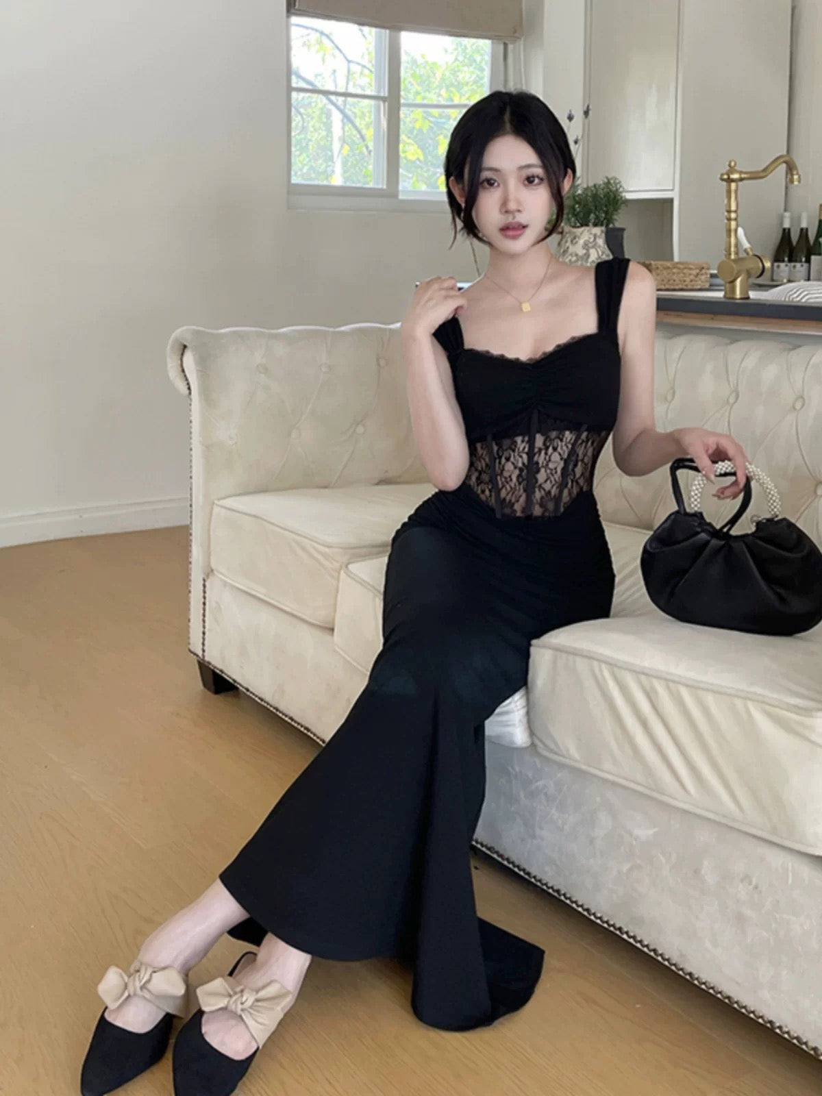 Simple Mermaid Square Neck Black Lace Date Floor Length Night Evening Outfit Formal Prom Dresses RB5640
