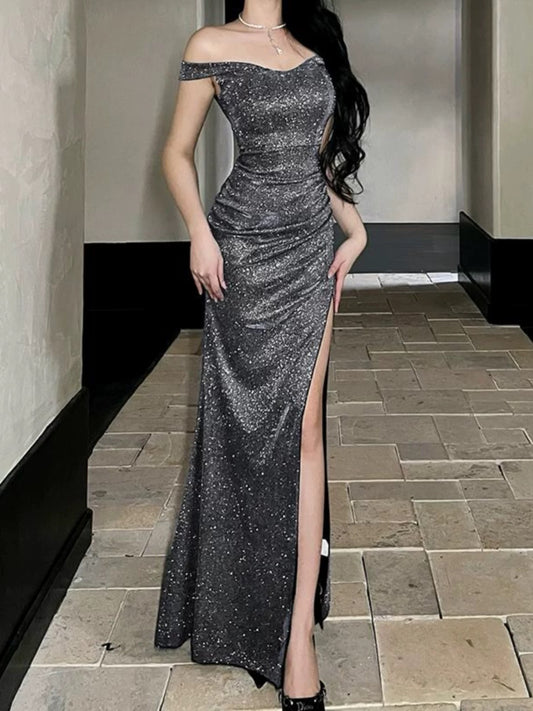 Sexy Mermaid Off The Shoulder Grey Sequin With Ruffled Cruise Ship Formal Night Evening Dresses 18th Birthday Outfit RB5638