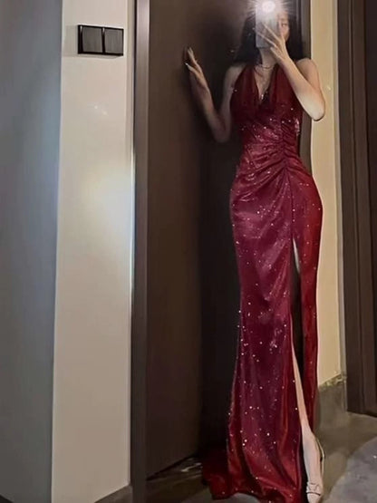 Delicate Mermaid V Neck Halter With Ruffled Long Slit Burgundy Cruise Ship Formal Night Evening Dresses 19th Birthday Outfits RB5641