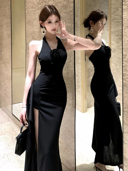 Classy Sheath Halter Black Slit Date Night Outfits Floor Length Formal Prom Gown Birthday Dresses RB5645