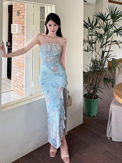 Sophisticated Sheath Strapless Blue Floral Date Night Outfits Ankle Length Formal Prom Gown Birthday Dresses RB5646
