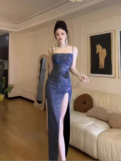 Sexy Mermaid Spaghetti Strap Navy Blue Sequin With Split Date Night Evening Outfit Formal Prom Dresses RB5421