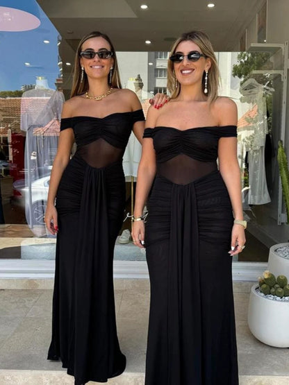 Sexy Mermaid Off The Shoulder Black Tie Dress With Ruffled Date Night Evening Outfit Formal Prom Dresses RB5424