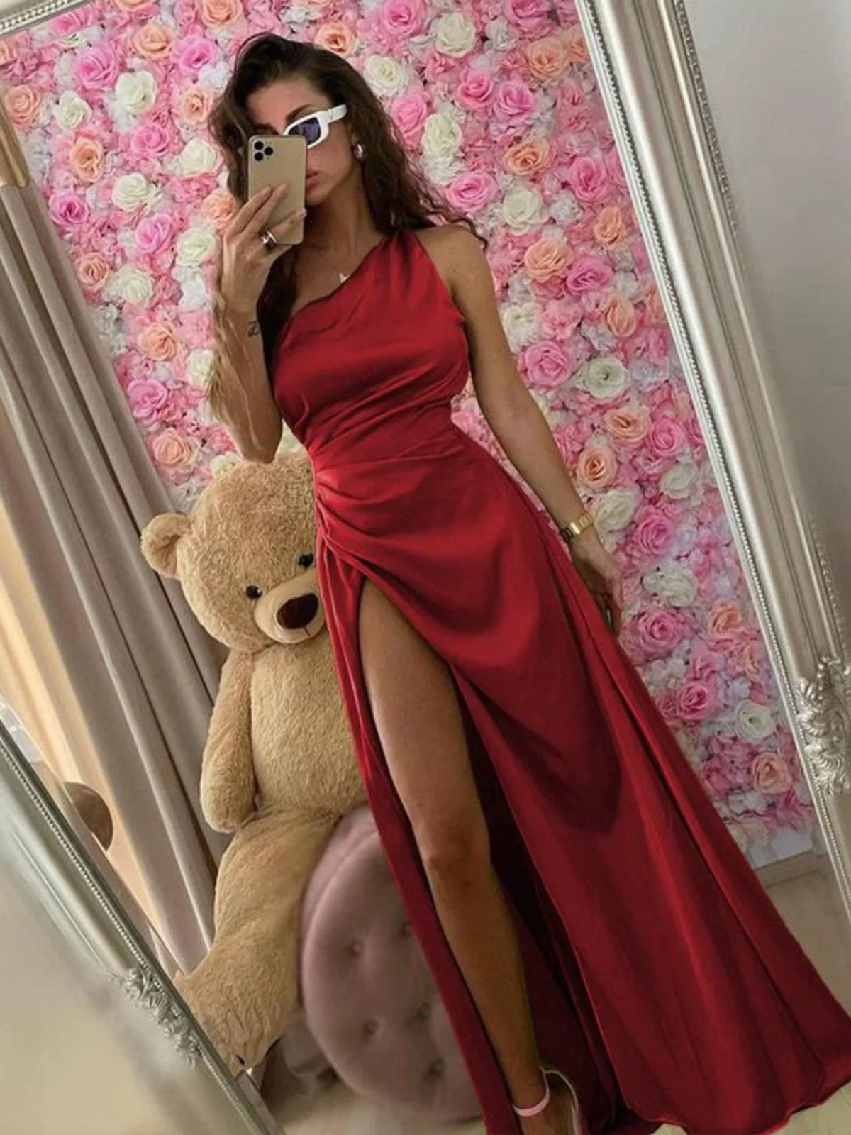 Sexy Mermaid One Shoulder Navy Blue Satin With Split Date Night Outfits Long Formal Evening Wedding Guest Dress RB5426