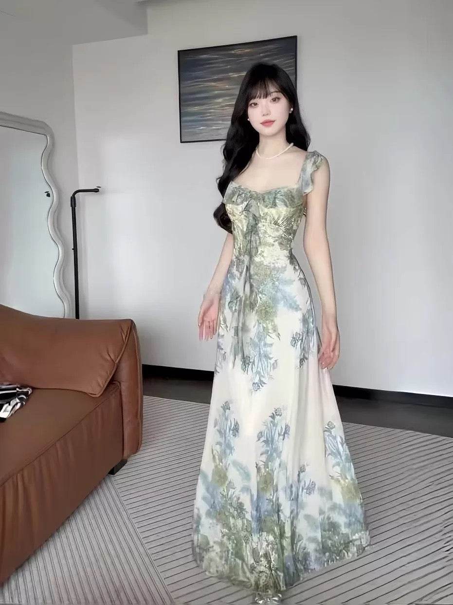 French Style Mermaid Square Neck Green Floral Chiffon Date Floor Length Night Evening Outfit Formal Prom Dresses RB5427
