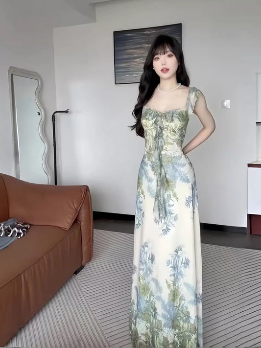 French Style Mermaid Square Neck Green Floral Chiffon Date Floor Length Night Evening Outfit Formal Prom Dresses RB5427
