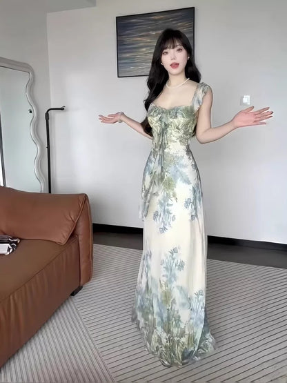 French Style Mermaid Square Neck Green Floral Chiffon Date Floor Length Night Evening Outfit Formal Prom Dresses RB5427