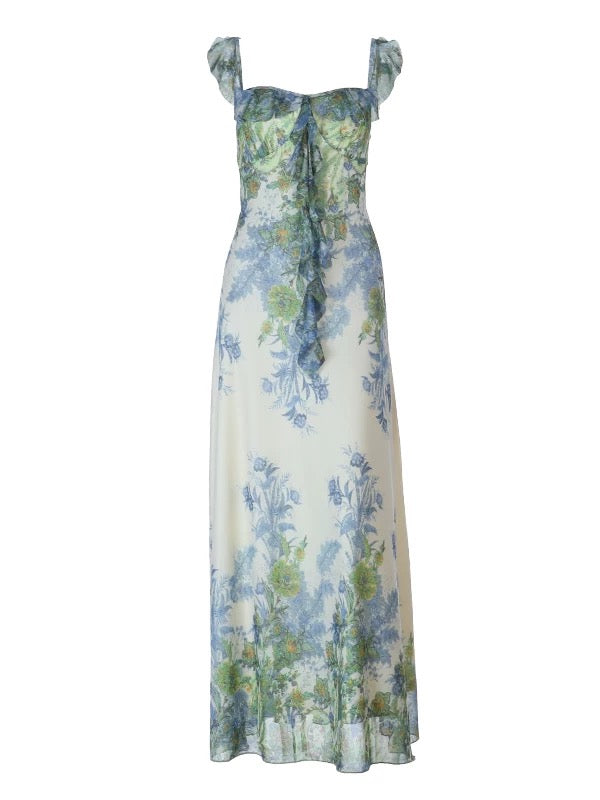 French Style Mermaid Square Neck Green Floral Chiffon Date Floor Length Night Evening Outfit Formal Prom Dresses RB5427