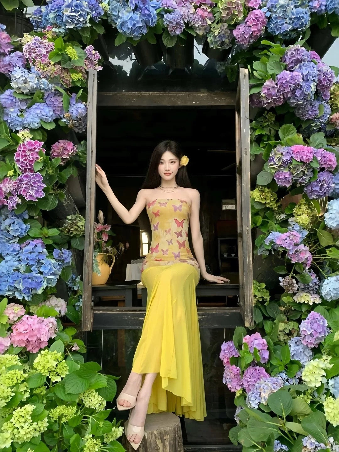French Style Mermaid Strapless Yellow Chiffon Date Floor Length Night Evening Outfit Formal Prom Dresses RB5428