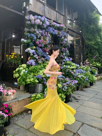 French Style Mermaid Strapless Yellow Chiffon Date Floor Length Night Evening Outfit Formal Prom Dresses RB5428