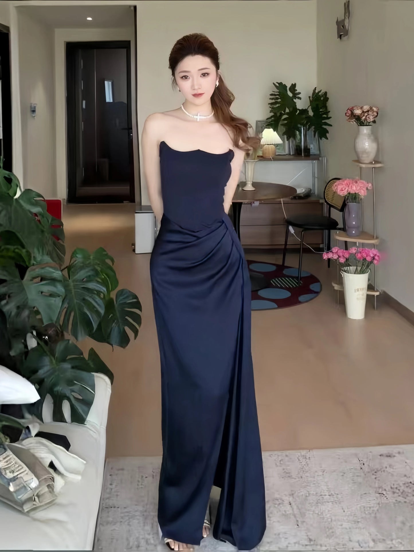 Sexy Mermaid Strapless Navy Blue Long Slit Date Night Outfits Semi Formal Prom Wedding Guest Dresses RB5429