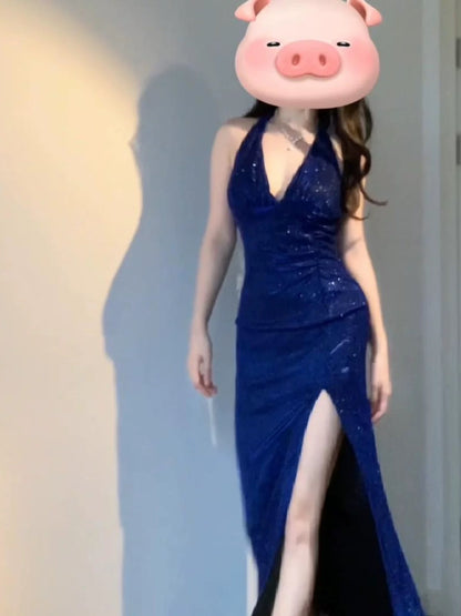 Modest Mermaid Halter Royal Blue Sequin With Split Date Floor Length Night Evening Outfit Formal Prom Dresses RB5459