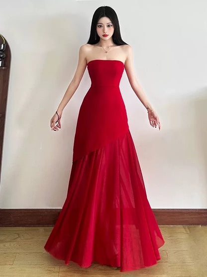 Classy A line Strapless Red Chiffon With Slit Date Night Evening Outfit Formal Prom Dresses RB5430