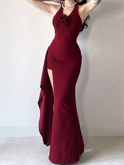 Classy Mermaid Halter Burgundy Satin Sleeveless With Slit Date Night Evening Outfit Formal Prom Dresses RB5431