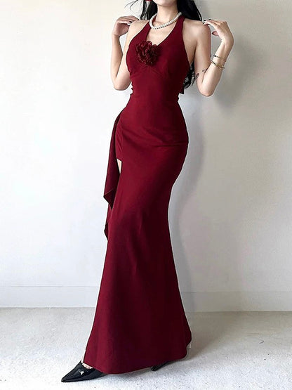 Classy Mermaid Halter Burgundy Satin Sleeveless With Slit Date Night Evening Outfit Formal Prom Dresses RB5431