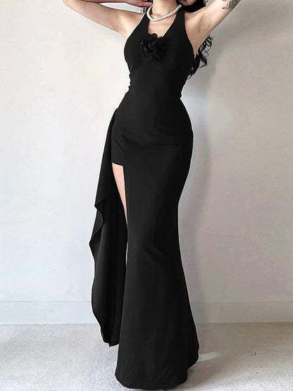 Classy Mermaid Halter Burgundy Satin Sleeveless With Slit Date Night Evening Outfit Formal Prom Dresses RB5431