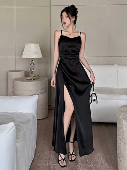 Simple Mermaid Spaghetti Strap Black Satin Long Date Night Outfits Semi Formal Prom Wedding Guest Dresses RB5435