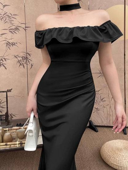 Modest Mermaid Off The Shoulder Black Tie Dress With Ruffle Date Floor Length Night Evening Outfit Formal Prom Dresses RB5460
