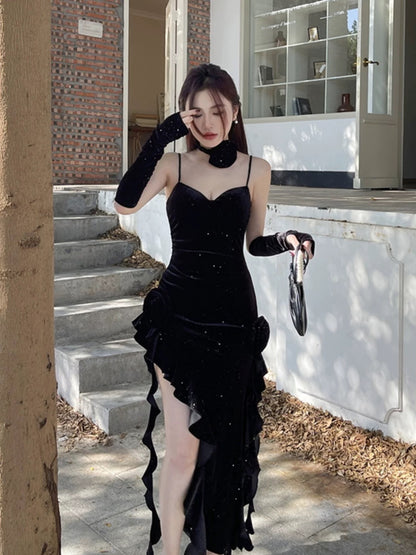 Sexy Mermaid Spaghetti Strap Red Velvet With Ruffle Date Floor Length Night Birthday Outfit Formal Prom Dresses RB5461