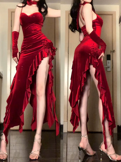 Sexy Mermaid Spaghetti Strap Red Velvet With Ruffle Date Floor Length Night Birthday Outfit Formal Prom Dresses RB5461