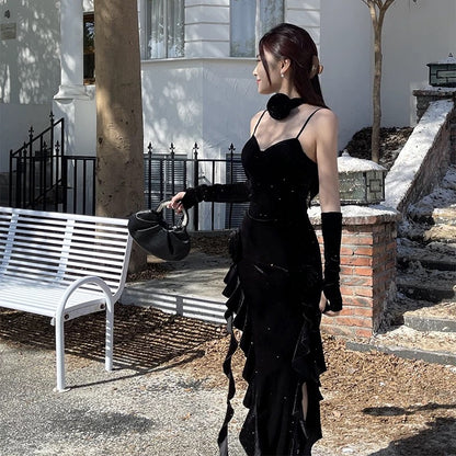 Sexy Mermaid Spaghetti Strap Red Velvet With Ruffle Date Floor Length Night Birthday Outfit Formal Prom Dresses RB5461