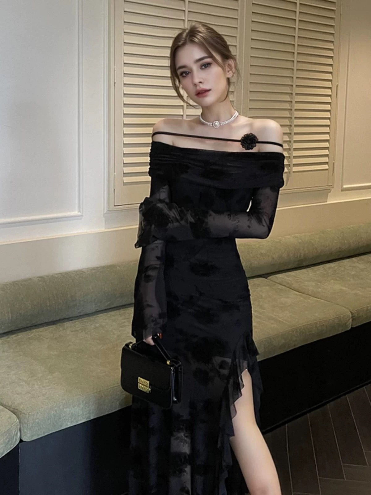Chic Mermaid Off The Shoulder Black Lace With Ruffled Date Floor Length Night Evening Outfit Formal Prom Dresses RB5465