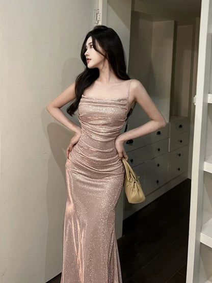 Sparkly Mermaid Spaghetti Strap Pink Sequin Long Date Night Outfits Semi Formal Prom Wedding Guest Dresses RB5434