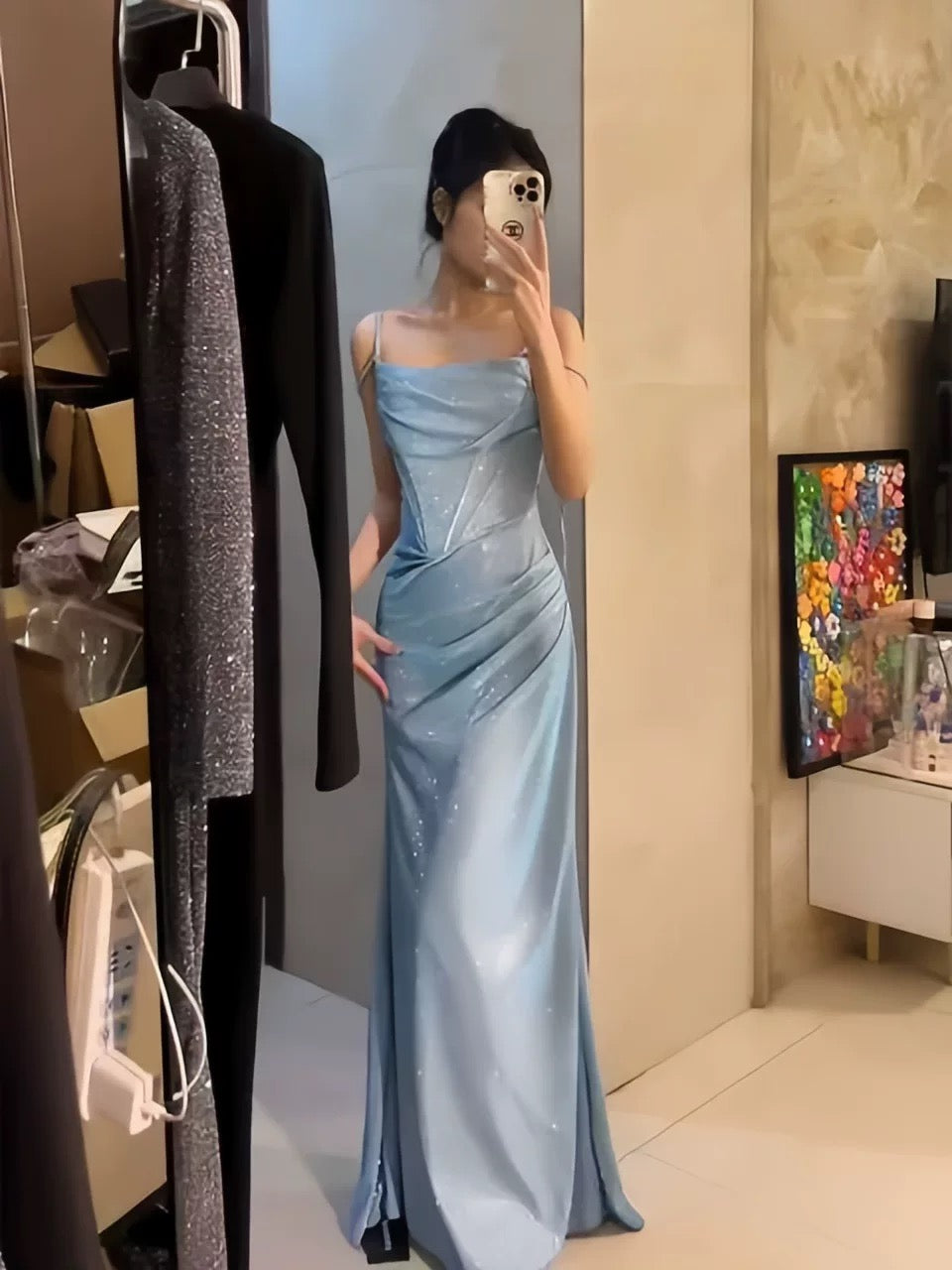 Sexy Mermaid Spaghetti Strap Light Sky Blue Long Sequin Date Night Outfits Semi Formal Prom Wedding Guest Dresses RB5432