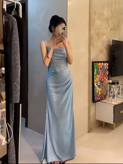 Sexy Mermaid Spaghetti Strap Light Sky Blue Long Sequin Date Night Outfits Semi Formal Prom Wedding Guest Dresses RB5432