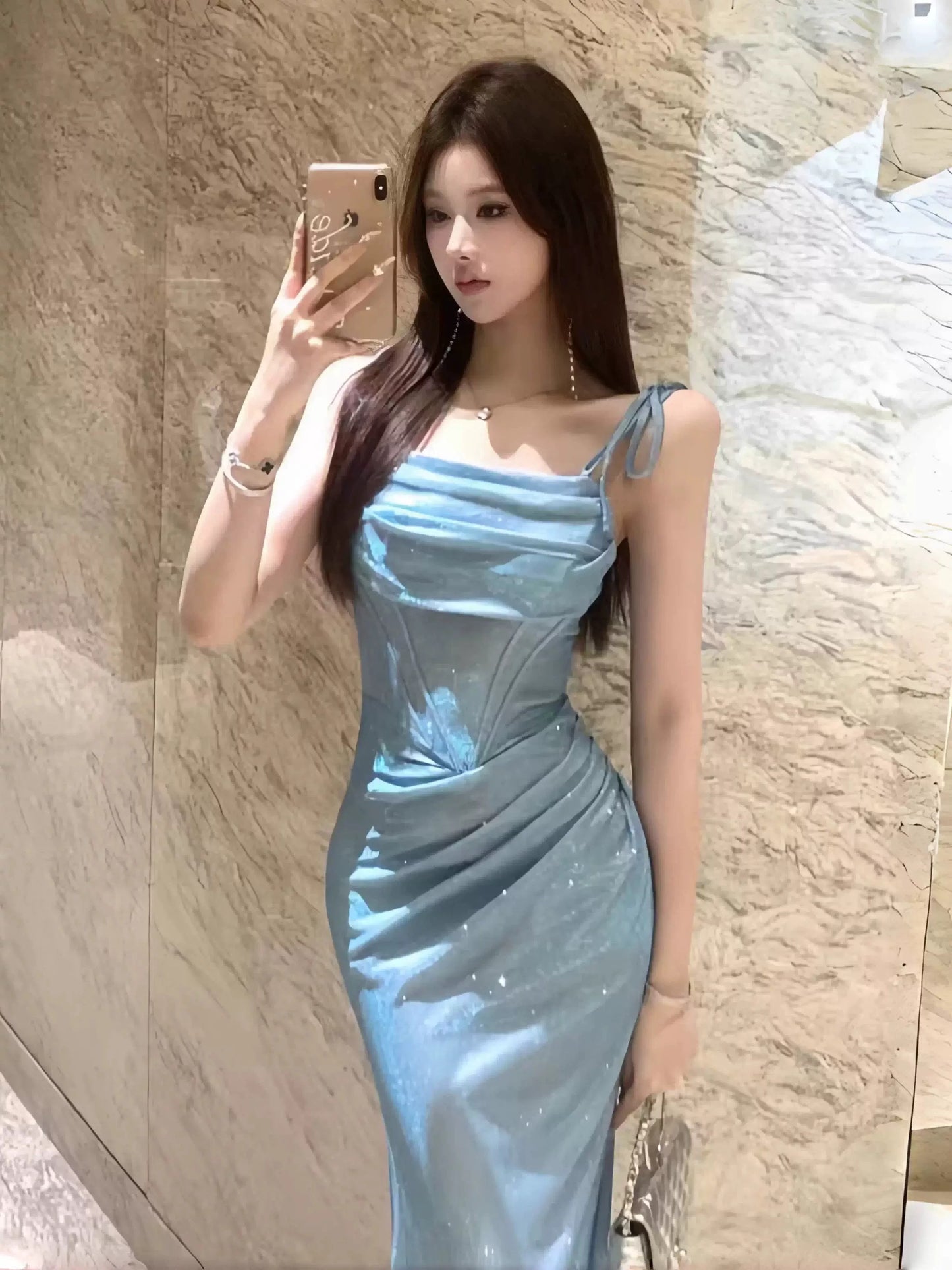 Sexy Mermaid Spaghetti Strap Blue Long Sequin Date Night Outfits Semi Formal Prom Wedding Guest Dresses RB5433