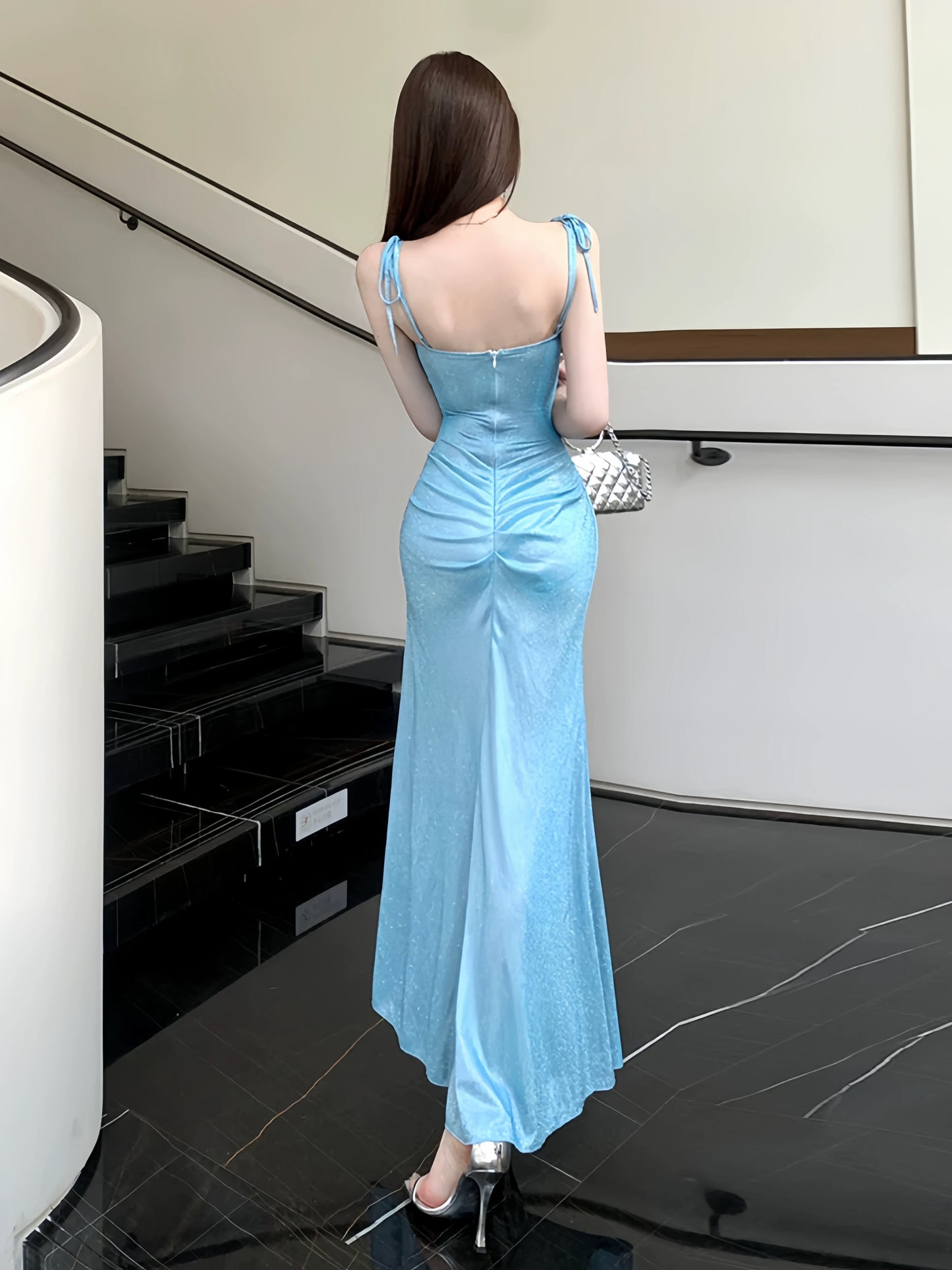Sexy Mermaid Spaghetti Strap Blue Long Sequin Date Night Outfits Semi Formal Prom Wedding Guest Dresses RB5433