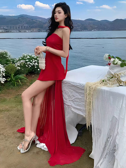 Simple A Line Strapless Black Chiffon With Ruffle Slit Date Floor Length Night Birthday Outfit Formal Prom Dresses RB5463