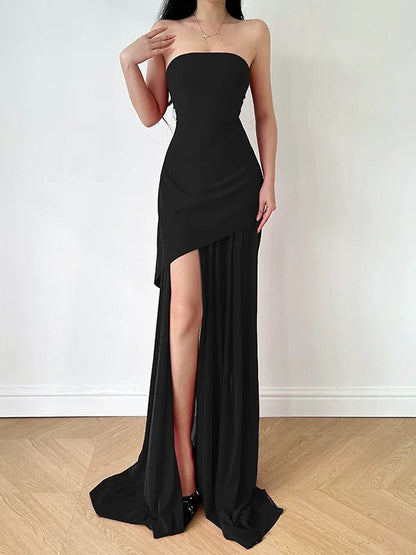 Simple A Line Strapless Black Chiffon With Ruffle Slit Date Floor Length Night Birthday Outfit Formal Prom Dresses RB5463